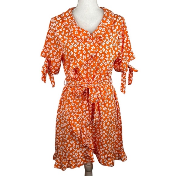 Summer Spring Orange & White Floral Romantic Ruffle Faux Wrap Dress Size Large - Picture 1 of 6